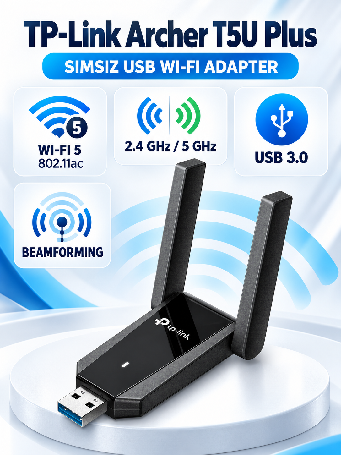 TP-Link Archer T5U Plus — USB Wi-Fi адаптер приёмник 2.4/5 ГГц, USB 3.0, 2 антенны - 