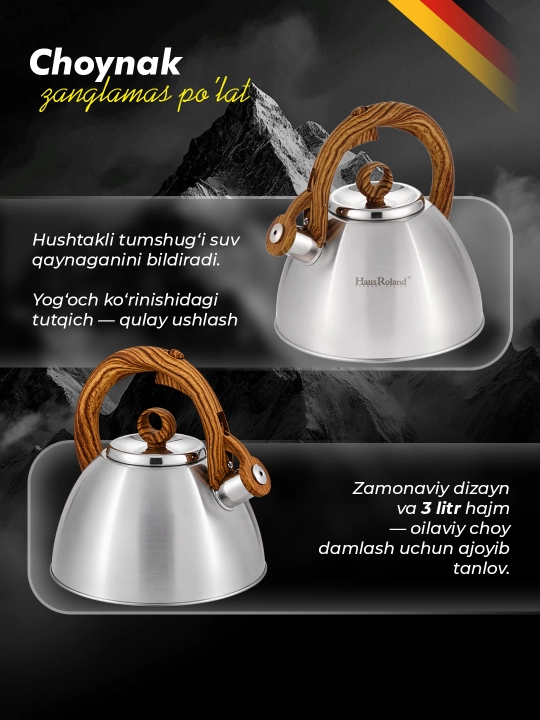 Haus Roland чайник 3L из нержавеющей стали с древесной ручкой и свистком