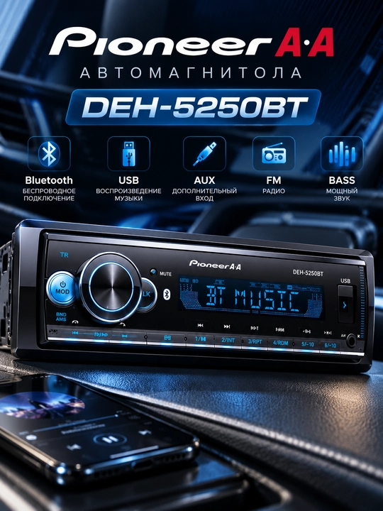 Pioneer A·A DEH-5250BT — Bluetooth, USB, AUX va FM avtomagnitolasi - 