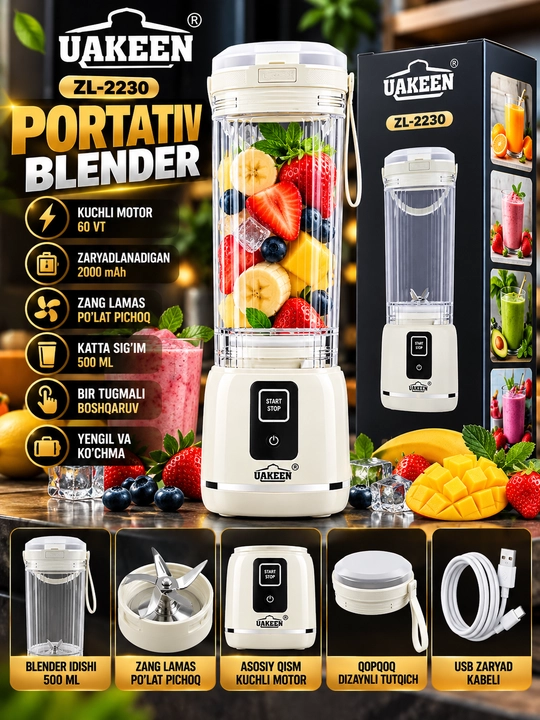 Uakeen ZL 2230 Portativ Blender 500 ml 60 Vt 2000 mAh USB Zaryadli - 