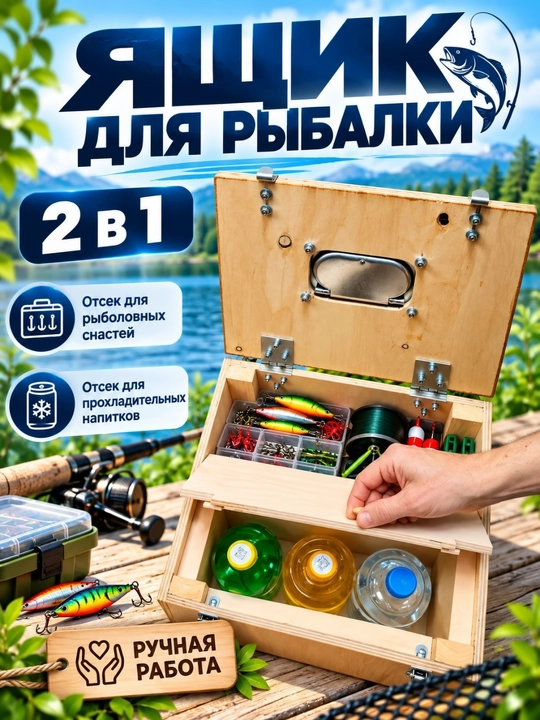 Ящик для рыбалки деревянный 2 в 1, органайзер для снастей и напитков, ручная работа