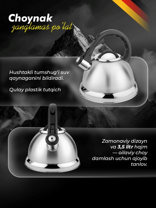 Haus Roland 3,5 lt hushtakli choynak: zanglamaydigan po‘lat, gaz va induksion plita uchun