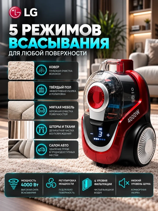 Пылесос LG для дома, мощный циклонный пылесос 4000 Вт, контейнер 4 л, HEPA-фильтр