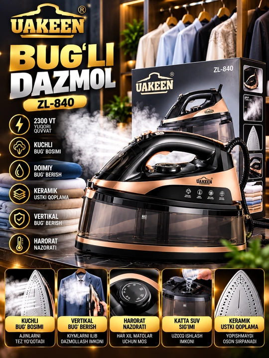 Uakeen ZL 840 Bug‘li Dazmol 2300 Vt Kuchli Bug‘ Vertikal Bug‘lash Keramik Qoplama - 