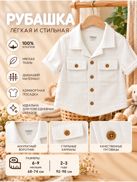 Детская рубашка Tiffany Baby, с короткими рукавами и накладными карманами, 7 цветов - 