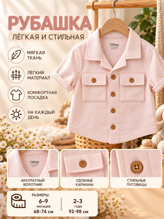 Tiffany Baby bolalar kalta yengli ko‘ylagi, qopqoqli cho‘ntaklar bilan, 7 xil rangda - 
