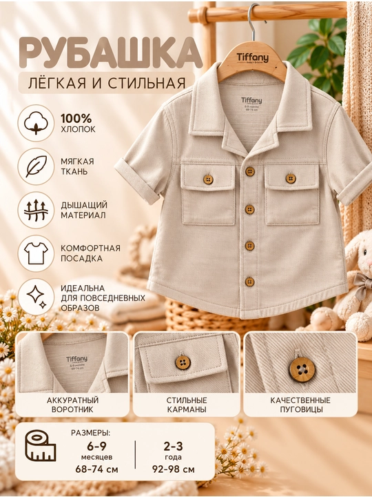 Tiffany Baby bolalar kalta yengli ko‘ylagi, qopqoqli cho‘ntaklar bilan, 7 xil rangda - 