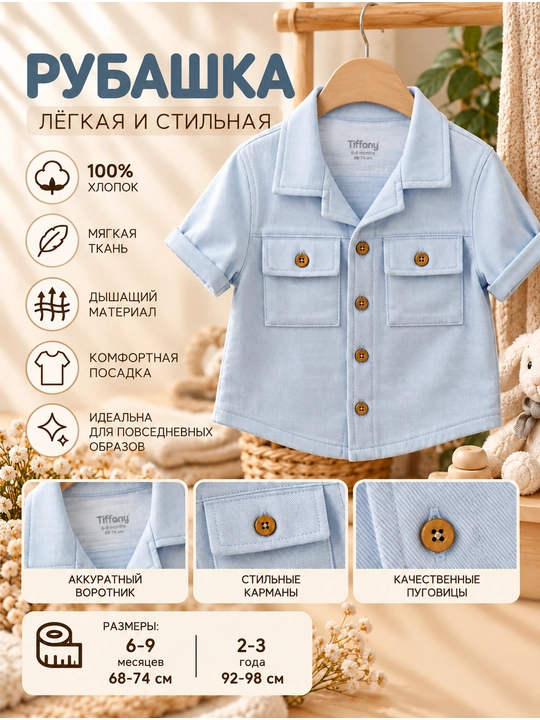 Детская рубашка Tiffany Baby, с короткими рукавами и накладными карманами, 7 цветов - 
