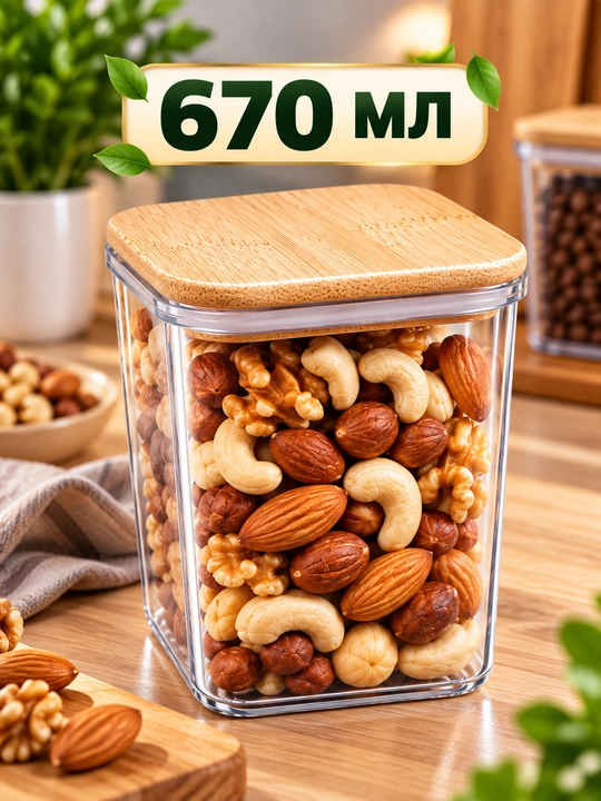 Контейнер для хранения продуктов 670 мл с бамбуковой крышкой, прозрачный
