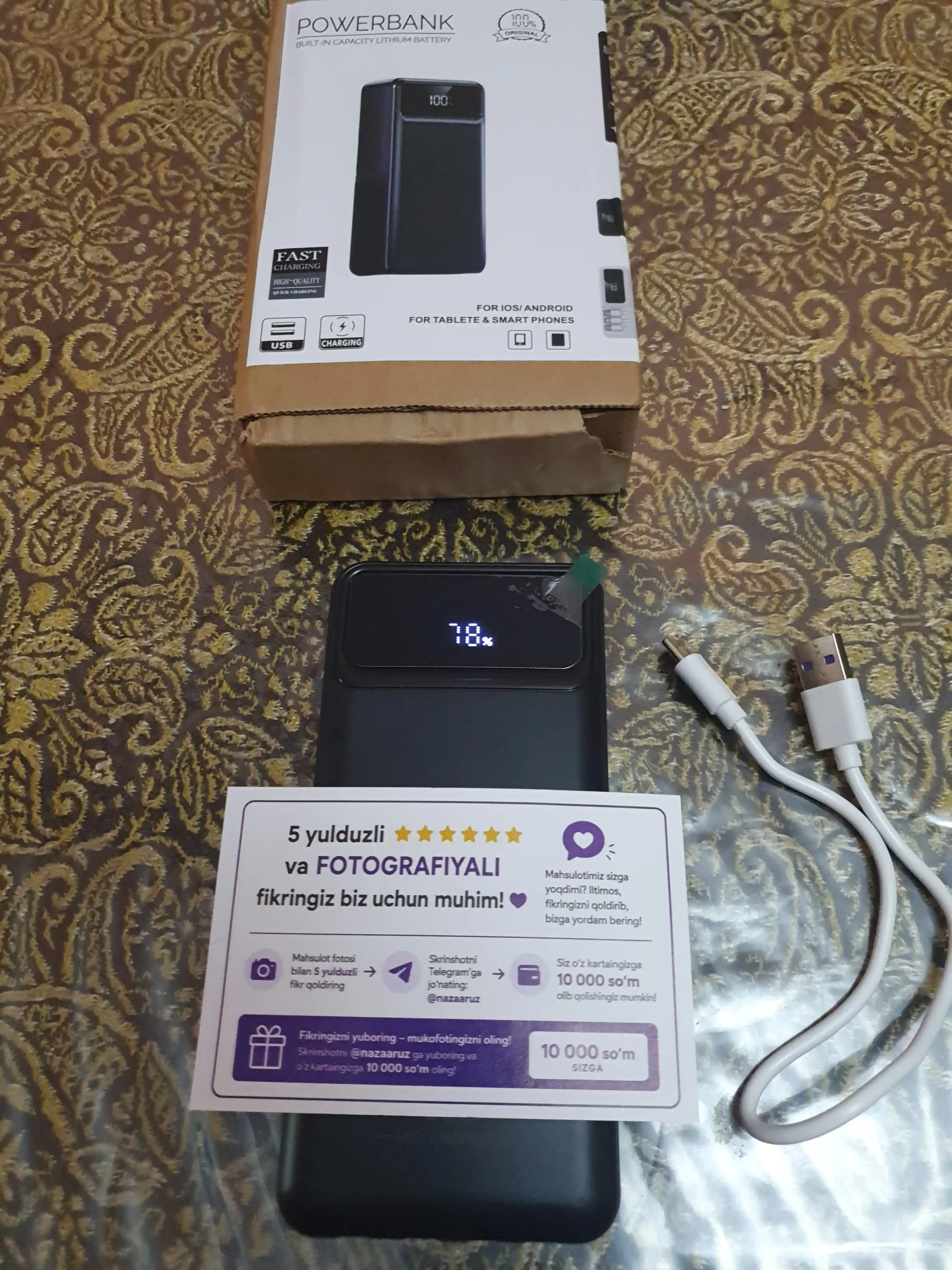 Power Bank 20000mA 66W tezkor quvvat bilan tashqi akkumulyatori +4 kabel bilan