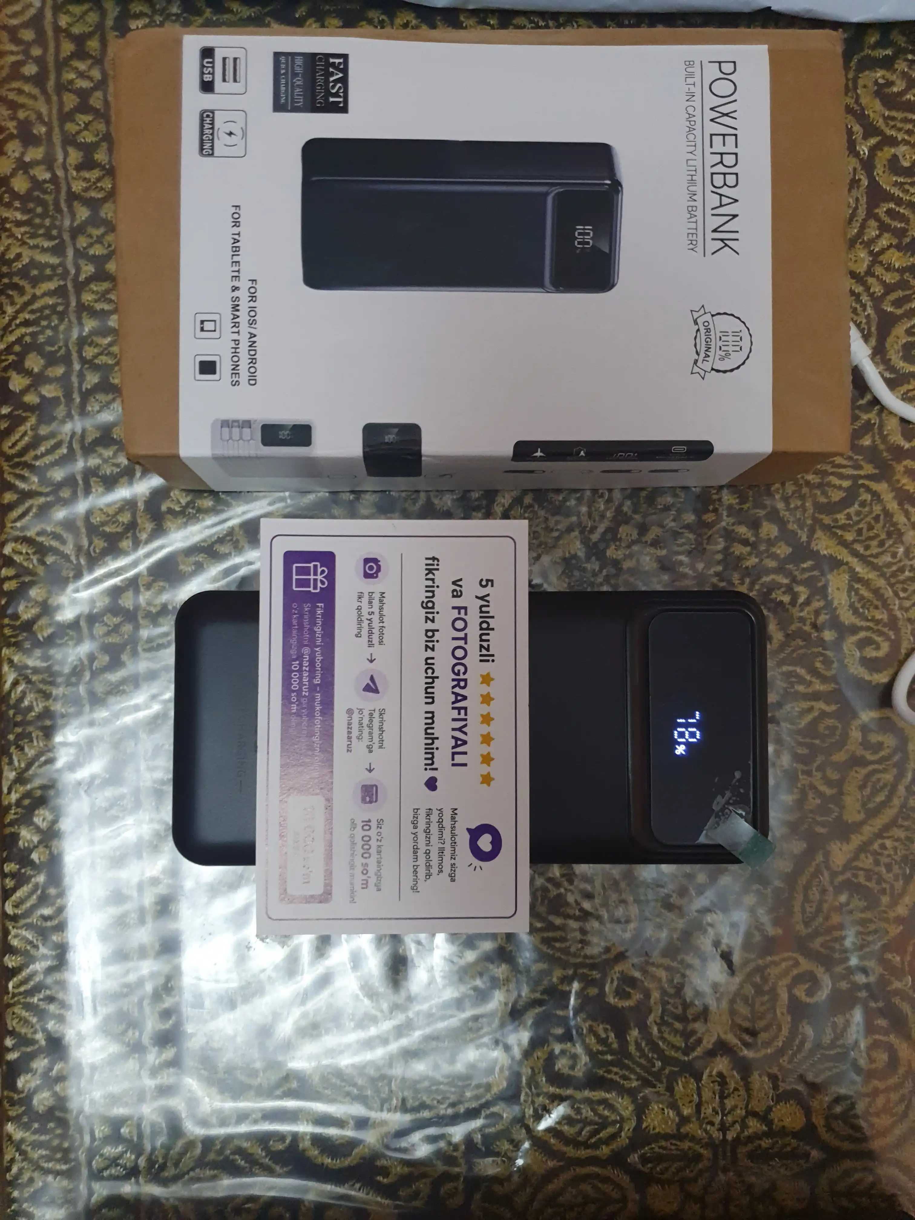 Power Bank 20000mA 66W tezkor quvvat bilan tashqi akkumulyatori +4 kabel bilan