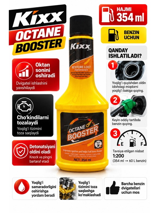 Kixx Octane Booster 354 ml, benzin uchun oktan oshiruvchi avtomobil qo‘shimchasi - 