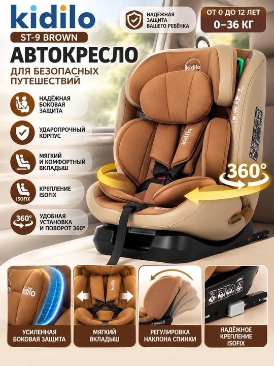 Sozlanadigan bosh suyanchig‘i va yon himoya qismiga ega Kidilo ST-9 bolalar avtomobil o‘rindig‘i - 