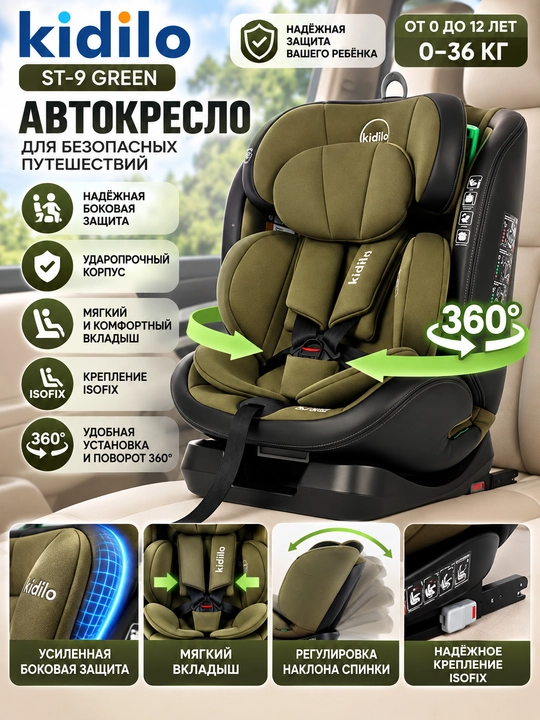 Sozlanadigan bosh suyanchig‘i va yon himoya qismiga ega Kidilo ST-9 bolalar avtomobil o‘rindig‘i - 