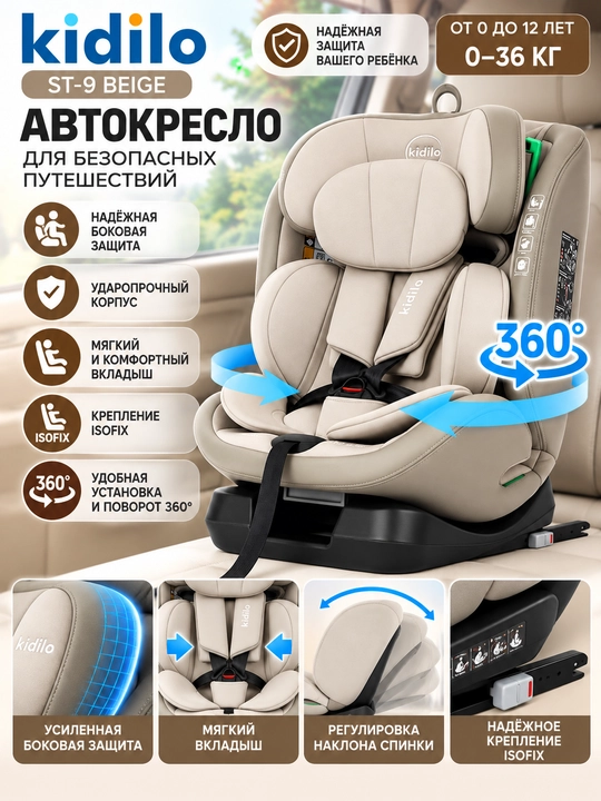 Sozlanadigan bosh suyanchig‘i va yon himoya qismiga ega Kidilo ST-9 bolalar avtomobil o‘rindig‘i - 
