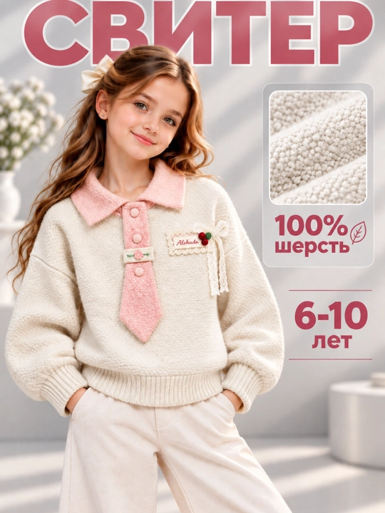 Bolalar kiyimi, qizlar uchun yoqali sviter, dekorativ tugmali sviter, 6–10 yosh - 