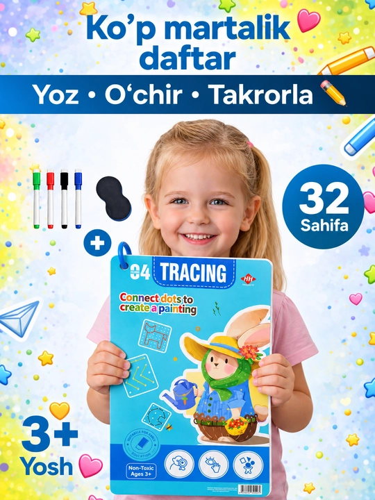 Bolalar uchun ko‘p martali sehrli yozuv daftari, 3+ - yozishni o‘rgatish, husnixat