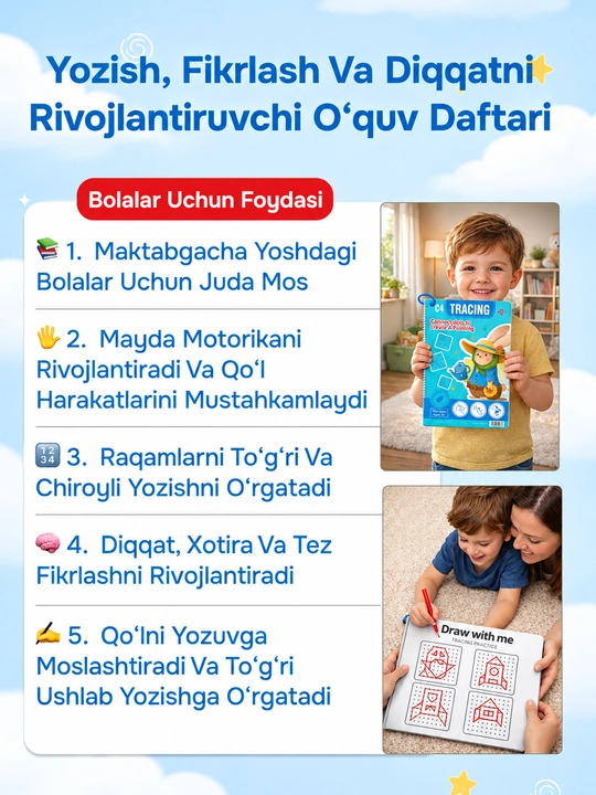 Bolalar uchun ko‘p martali sehrli yozuv daftari, 3+ - yozishni o‘rgatish, husnixat