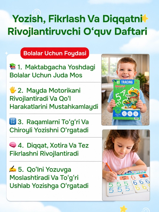 Bolalar uchun ko‘p martali sehrli yozuv daftari, 3+ - yozishni o‘rgatish, husnixat