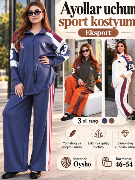 Ayollar sport kostyumi, eksport sifat, Oysho mato, keng shimli, 46–54 razmer