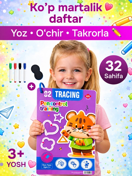 Bolalar uchun ko‘p martali sehrli yozuv daftari, 3+ - yozishni o‘rgatish, husnixat