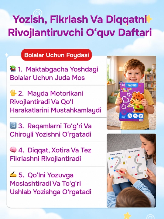 Bolalar uchun ko‘p martali sehrli yozuv daftari, 3+ - yozishni o‘rgatish, husnixat