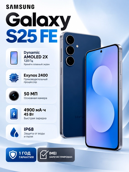 Смартфон Samsung Galaxy S25 FE, 6.7" AMOLED 120 Гц, 8/256 ГБ, 50 МП камера, 4900 мАч, IP68 - 