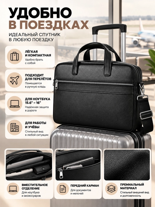 Сумка для ноутбука 15.6" 16" 17" универсальная, экокожа,для работы, учебы и для документов