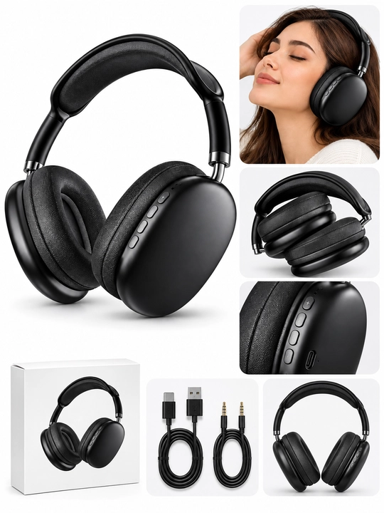 P9 Plus Max simsiz Bluetooth quloqchin, qora, boshga taqiladigan naushnik