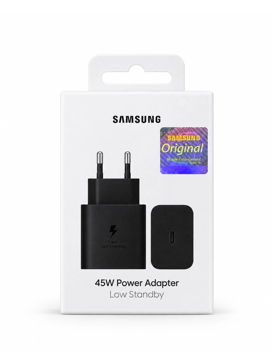 Samsung 45W tezkor zaryadlovchi adapter, USB-C, qora, telefon uchun