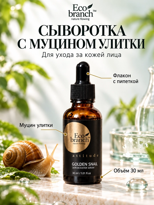 Сыворотка для лица Eco Branch с центеллой, гиалуроновой кислотой и муцином улитки, 30 мл