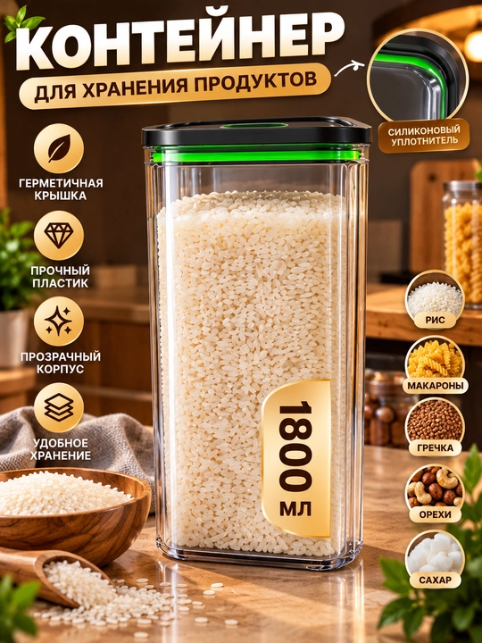 Контейнер для хранения продуктов 1800 мл, прозрачный, с крышкой и силиконовым уплотнителем