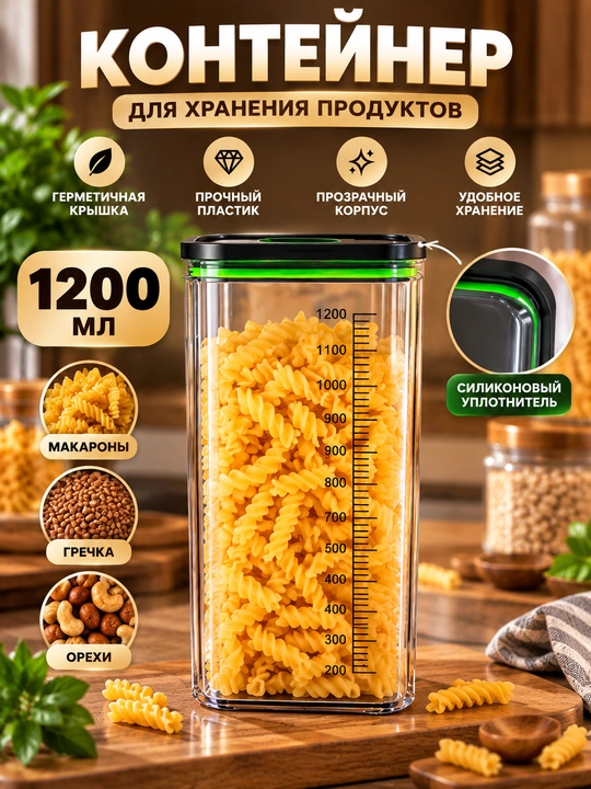 Контейнер для хранения продуктов 1800 мл, прозрачный, с крышкой и силиконовым уплотнителем