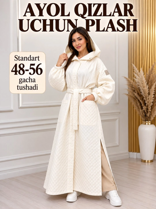 Ayollar uchun uzun plash kapyushonli belbog‘li qavilgan plash 48–56 razmer standart - 