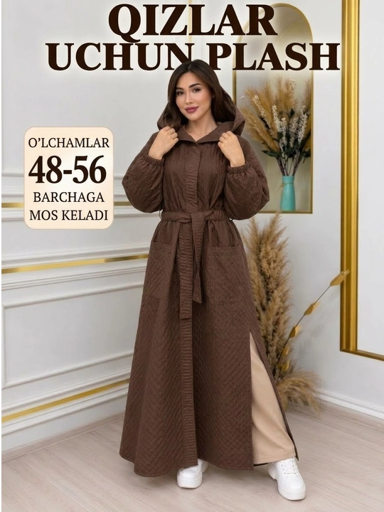 Ayollar uchun uzun plash kapyushonli belbog‘li qavilgan plash 48–56 razmer standart - 