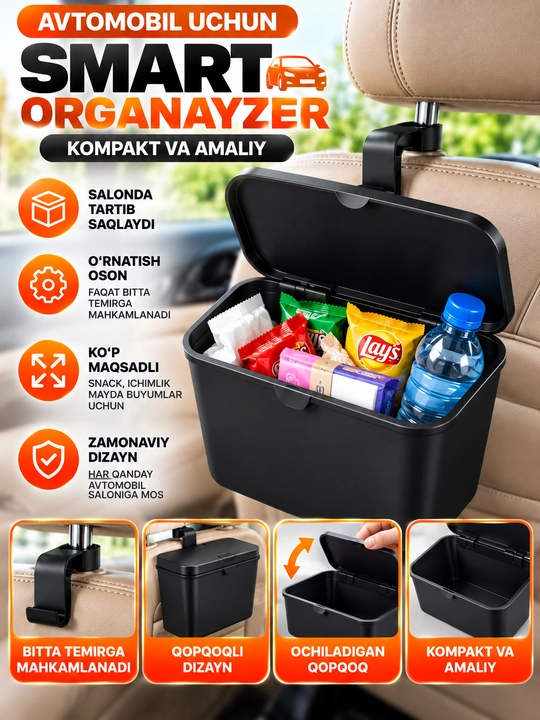 Avtomobil uchun smart organayzer, bosh suyanchig‘iga osiladigan qopqoqli idish - 