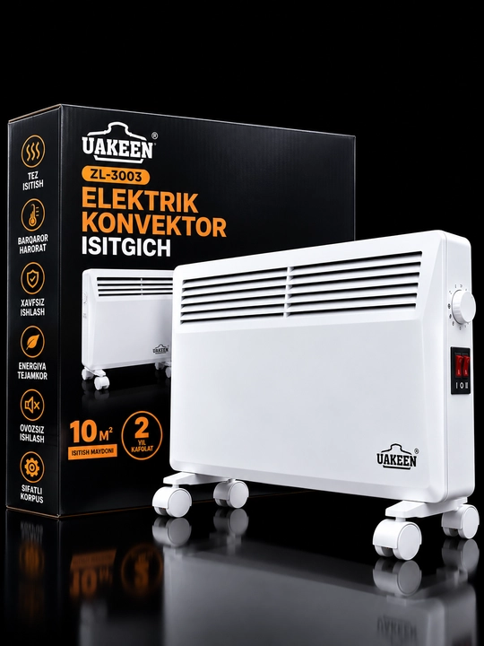 Uakeen ZL 3003 Elektr Konvektor Isitgich 10 m² Harorat Sozlash G‘ildirakli