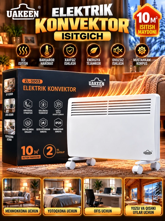 Uakeen ZL 3003 Elektr Konvektor Isitgich 10 m² Harorat Sozlash G‘ildirakli