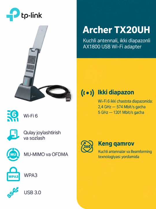TP-Link Archer TX20UH — USB Wi-Fi приёмник адаптер AX1800, 2.4/5 ГГц, 2 антенны