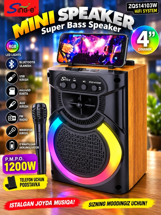 Karaoke kolonka , chuqur bas va yorqin RGB yoritishga ega portativ kolonka - 
