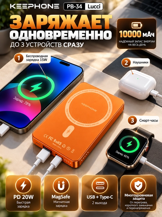 Keephone Lucci PB-34 — Power Bank 10000 мАч с MagSafe и быстрой зарядкой PD 20W - 