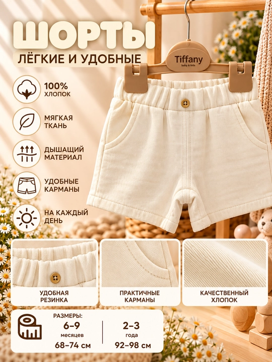Tiffany Baby Linen Breeze mavzusidagi bolalar shortigi, elastik belbog‘ va cho‘ntaklar bilan, 7 xil rangda - 