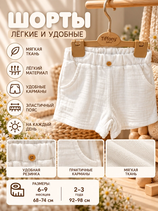 Tiffany Baby Linen Breeze mavzusidagi bolalar shortigi, elastik belbog‘ va cho‘ntaklar bilan, 7 xil rangda - 