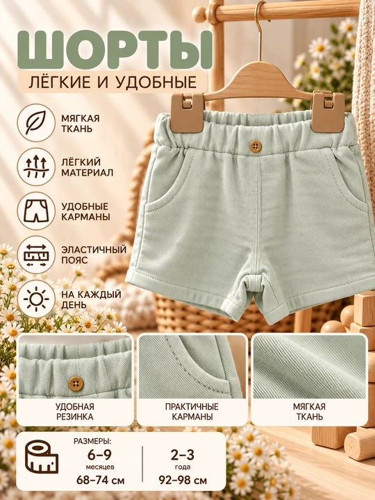 Tiffany Baby Linen Breeze mavzusidagi bolalar shortigi, elastik belbog‘ va cho‘ntaklar bilan, 7 xil rangda - 