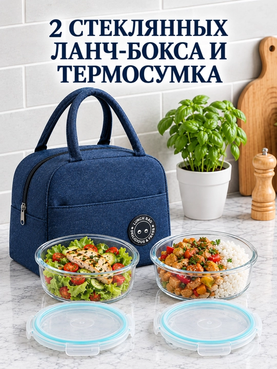 Ланчбокс для сохранения тепла еды, 2 стеклянных, с термосумкой, удобный, прочный ланч бокс