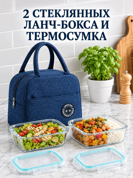 Ланчбокс для сохранения тепла еды, 2 стеклянных, с термосумкой, удобный, прочный ланч бокс - 