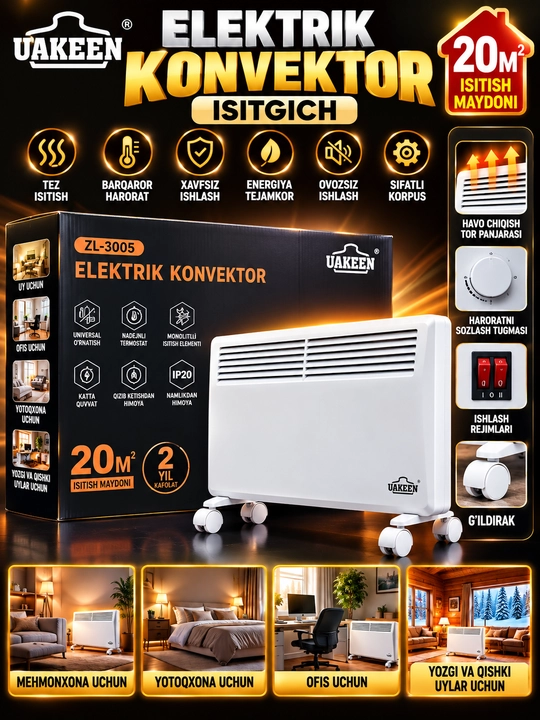 Uakeen zl 3005 elektr konvektor isitgich 20 m² harorat sozlash g‘ildirakli