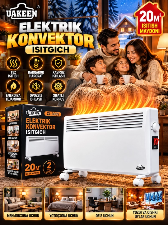 Uakeen zl 3005 elektr konvektor isitgich 20 m² harorat sozlash g‘ildirakli