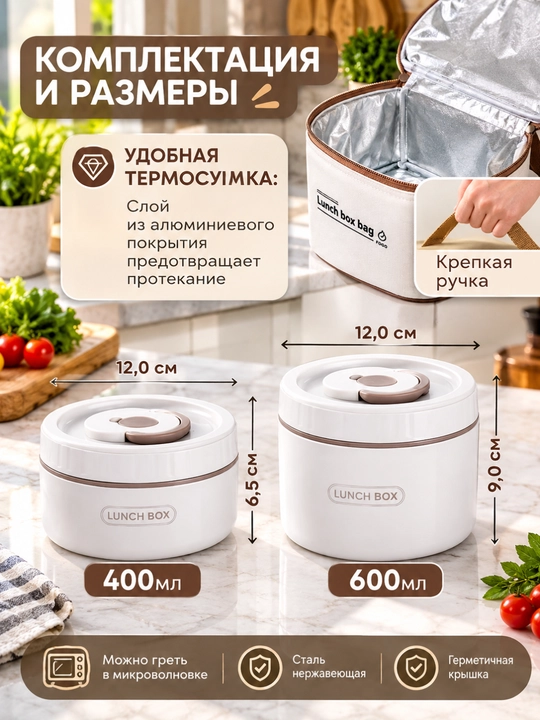 Ланчбокс для сохранения тепла еды, 2 стеклянных, с термосумкой, удобный, прочный ланч бокс
