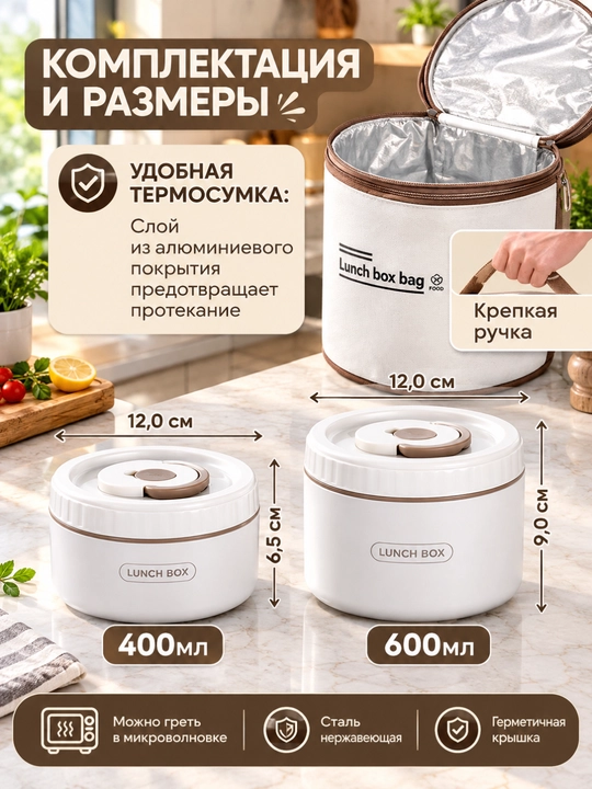 Ланчбокс для сохранения тепла еды, 2 стеклянных, с термосумкой, удобный, прочный ланч бокс